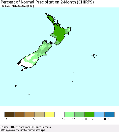 New Zealand Percent of Normal Precipitation 2-Month (CHIRPS) Thematic Map For 1/21/2023 - 3/20/2023