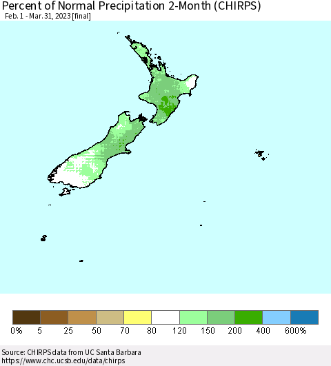 New Zealand Percent of Normal Precipitation 2-Month (CHIRPS) Thematic Map For 2/1/2023 - 3/31/2023