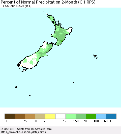 New Zealand Percent of Normal Precipitation 2-Month (CHIRPS) Thematic Map For 2/6/2023 - 4/5/2023