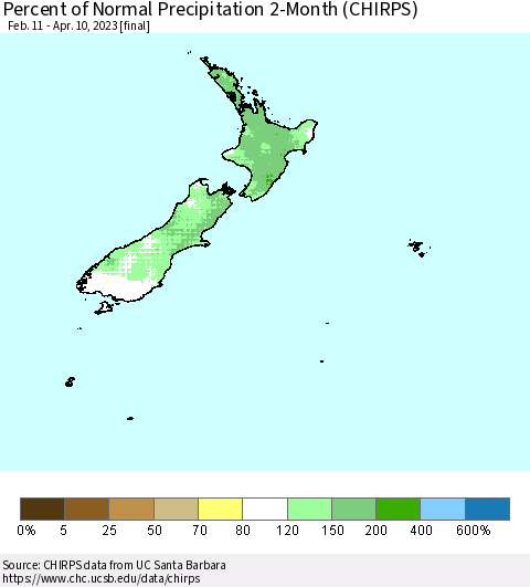 New Zealand Percent of Normal Precipitation 2-Month (CHIRPS) Thematic Map For 2/11/2023 - 4/10/2023