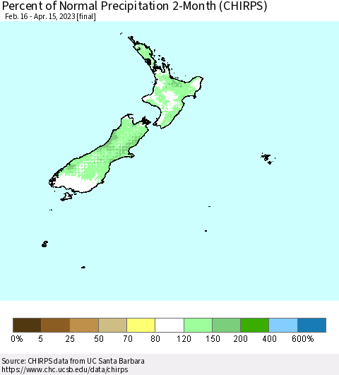 New Zealand Percent of Normal Precipitation 2-Month (CHIRPS) Thematic Map For 2/16/2023 - 4/15/2023