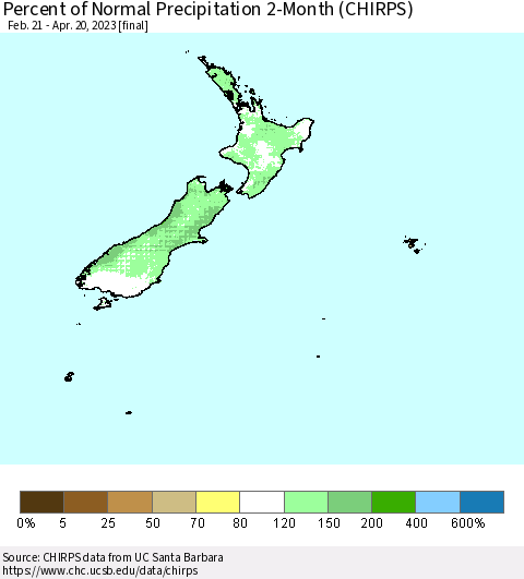 New Zealand Percent of Normal Precipitation 2-Month (CHIRPS) Thematic Map For 2/21/2023 - 4/20/2023
