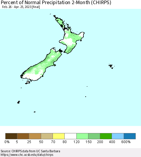 New Zealand Percent of Normal Precipitation 2-Month (CHIRPS) Thematic Map For 2/26/2023 - 4/25/2023