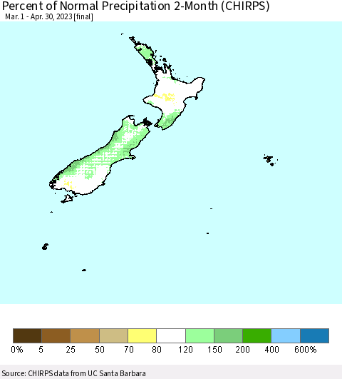 New Zealand Percent of Normal Precipitation 2-Month (CHIRPS) Thematic Map For 3/1/2023 - 4/30/2023