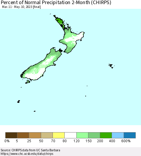 New Zealand Percent of Normal Precipitation 2-Month (CHIRPS) Thematic Map For 3/11/2023 - 5/10/2023