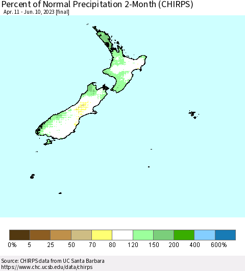 New Zealand Percent of Normal Precipitation 2-Month (CHIRPS) Thematic Map For 4/11/2023 - 6/10/2023
