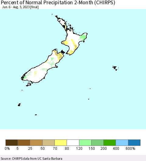 New Zealand Percent of Normal Precipitation 2-Month (CHIRPS) Thematic Map For 6/6/2023 - 8/5/2023