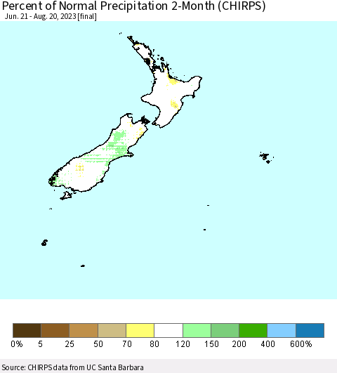 New Zealand Percent of Normal Precipitation 2-Month (CHIRPS) Thematic Map For 6/21/2023 - 8/20/2023