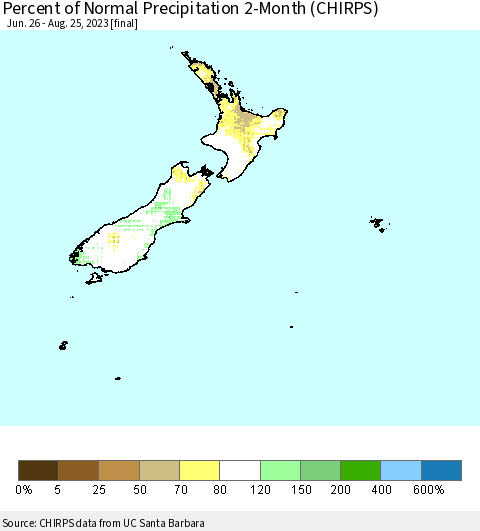 New Zealand Percent of Normal Precipitation 2-Month (CHIRPS) Thematic Map For 6/26/2023 - 8/25/2023