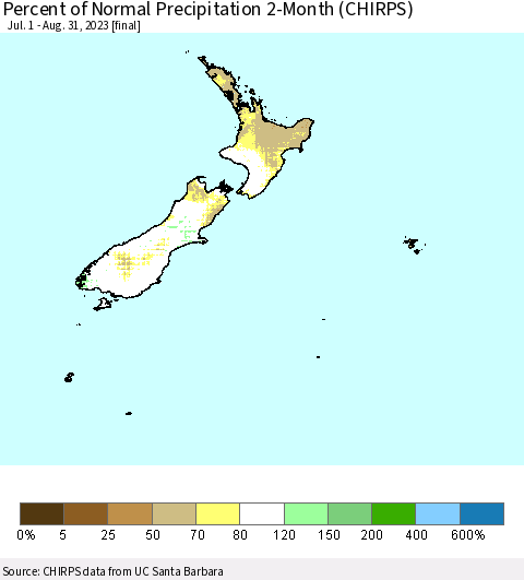 New Zealand Percent of Normal Precipitation 2-Month (CHIRPS) Thematic Map For 7/1/2023 - 8/31/2023