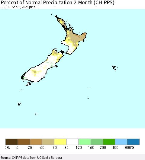 New Zealand Percent of Normal Precipitation 2-Month (CHIRPS) Thematic Map For 7/6/2023 - 9/5/2023