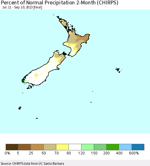 New Zealand Percent of Normal Precipitation 2-Month (CHIRPS) Thematic Map For 7/11/2023 - 9/10/2023
