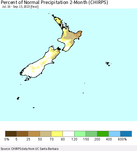 New Zealand Percent of Normal Precipitation 2-Month (CHIRPS) Thematic Map For 7/16/2023 - 9/15/2023