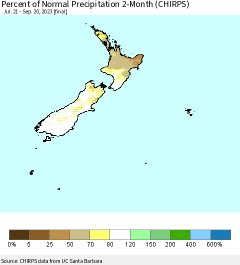 New Zealand Percent of Normal Precipitation 2-Month (CHIRPS) Thematic Map For 7/21/2023 - 9/20/2023