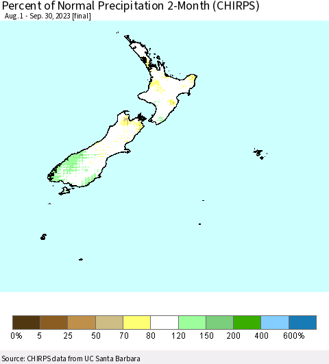 New Zealand Percent of Normal Precipitation 2-Month (CHIRPS) Thematic Map For 8/1/2023 - 9/30/2023