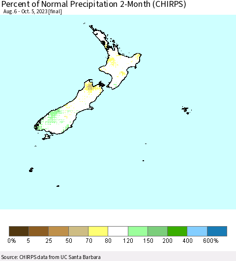 New Zealand Percent of Normal Precipitation 2-Month (CHIRPS) Thematic Map For 8/6/2023 - 10/5/2023