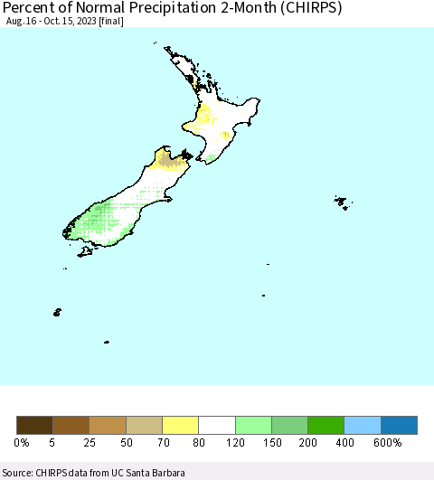 New Zealand Percent of Normal Precipitation 2-Month (CHIRPS) Thematic Map For 8/16/2023 - 10/15/2023