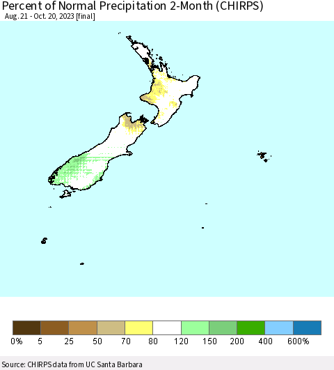 New Zealand Percent of Normal Precipitation 2-Month (CHIRPS) Thematic Map For 8/21/2023 - 10/20/2023