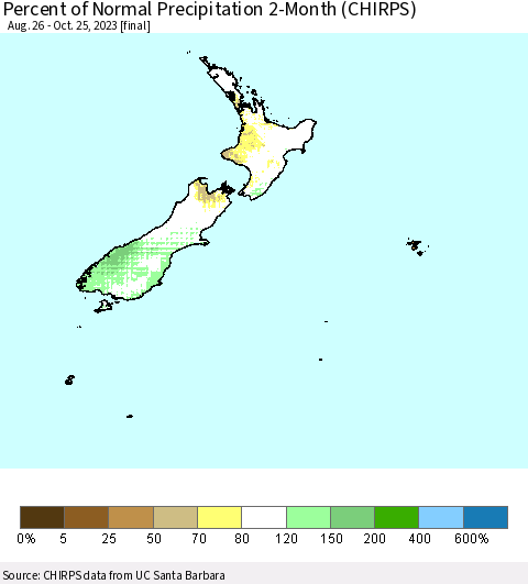 New Zealand Percent of Normal Precipitation 2-Month (CHIRPS) Thematic Map For 8/26/2023 - 10/25/2023