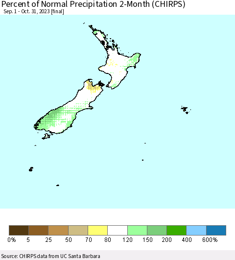 New Zealand Percent of Normal Precipitation 2-Month (CHIRPS) Thematic Map For 9/1/2023 - 10/31/2023