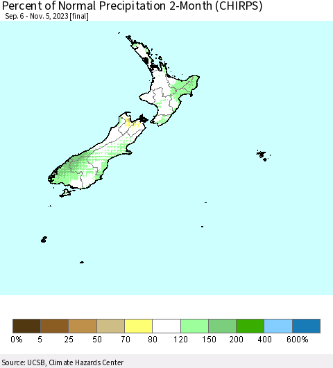 New Zealand Percent of Normal Precipitation 2-Month (CHIRPS) Thematic Map For 9/6/2023 - 11/5/2023