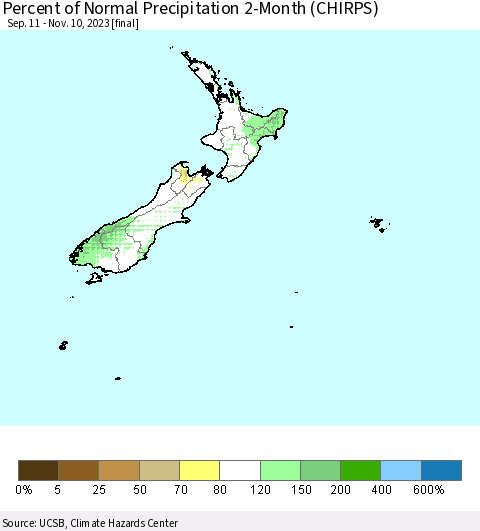 New Zealand Percent of Normal Precipitation 2-Month (CHIRPS) Thematic Map For 9/11/2023 - 11/10/2023