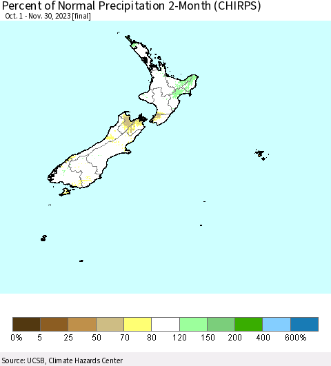 New Zealand Percent of Normal Precipitation 2-Month (CHIRPS) Thematic Map For 10/1/2023 - 11/30/2023
