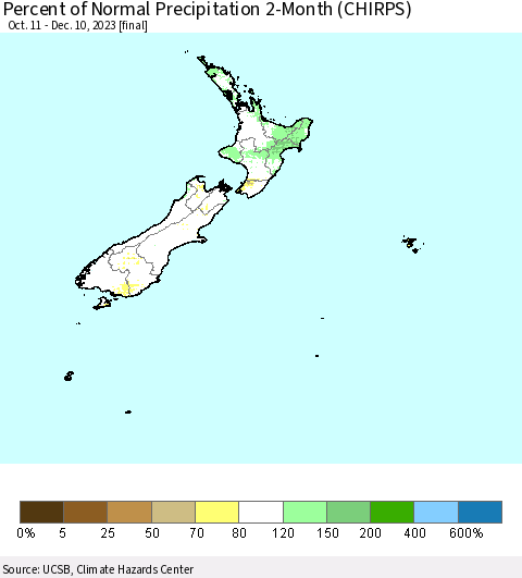 New Zealand Percent of Normal Precipitation 2-Month (CHIRPS) Thematic Map For 10/11/2023 - 12/10/2023