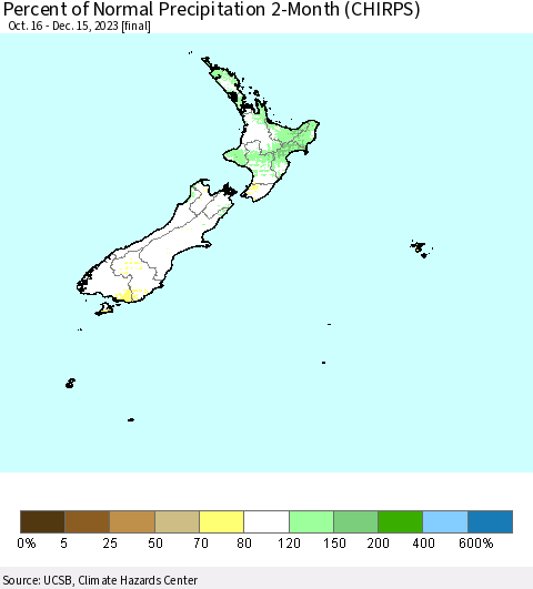 New Zealand Percent of Normal Precipitation 2-Month (CHIRPS) Thematic Map For 10/16/2023 - 12/15/2023
