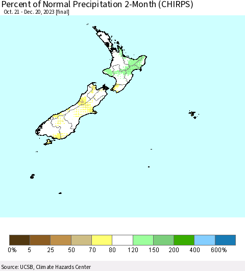 New Zealand Percent of Normal Precipitation 2-Month (CHIRPS) Thematic Map For 10/21/2023 - 12/20/2023