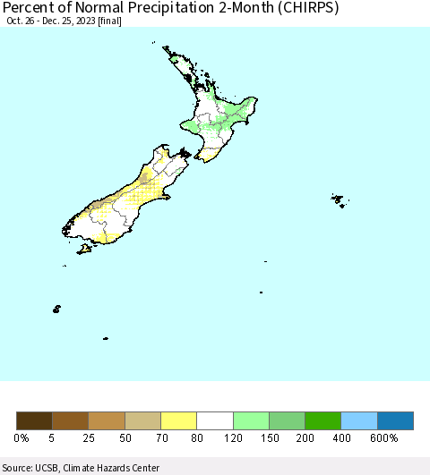 New Zealand Percent of Normal Precipitation 2-Month (CHIRPS) Thematic Map For 10/26/2023 - 12/25/2023