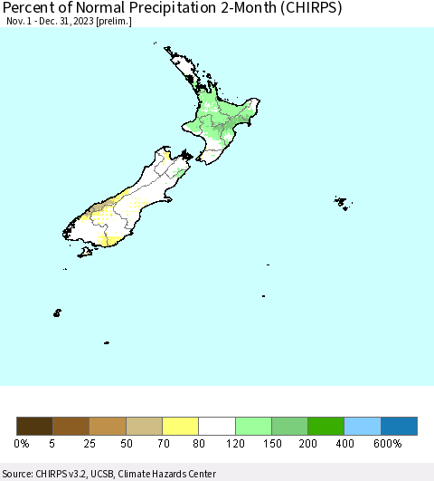 New Zealand Percent of Normal Precipitation 2-Month (CHIRPS) Thematic Map For 11/1/2023 - 12/31/2023