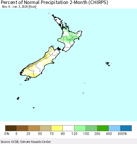 New Zealand Percent of Normal Precipitation 2-Month (CHIRPS) Thematic Map For 11/6/2023 - 1/5/2024