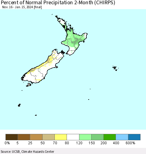 New Zealand Percent of Normal Precipitation 2-Month (CHIRPS) Thematic Map For 11/16/2023 - 1/15/2024