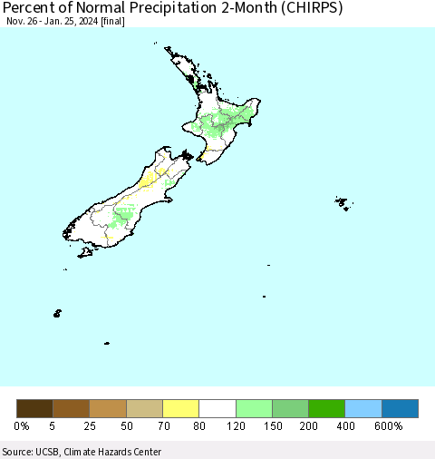 New Zealand Percent of Normal Precipitation 2-Month (CHIRPS) Thematic Map For 11/26/2023 - 1/25/2024