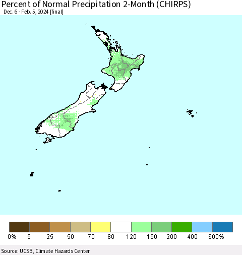 New Zealand Percent of Normal Precipitation 2-Month (CHIRPS) Thematic Map For 12/6/2023 - 2/5/2024