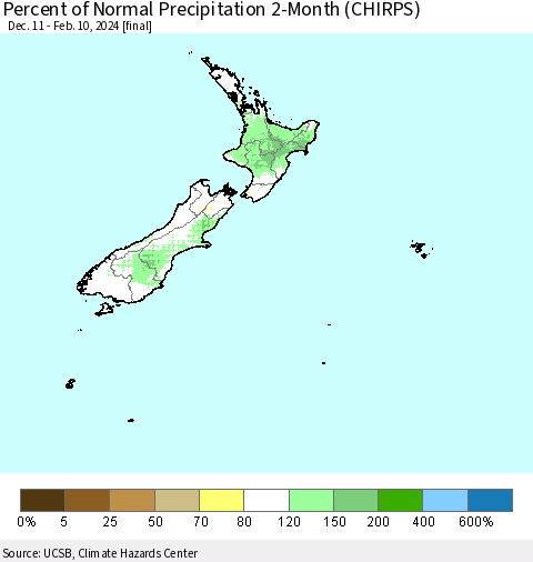 New Zealand Percent of Normal Precipitation 2-Month (CHIRPS) Thematic Map For 12/11/2023 - 2/10/2024
