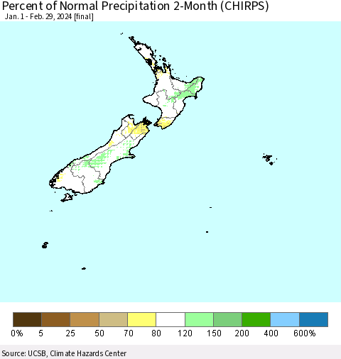 New Zealand Percent of Normal Precipitation 2-Month (CHIRPS) Thematic Map For 1/1/2024 - 2/29/2024
