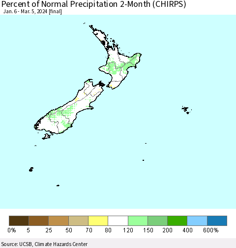 New Zealand Percent of Normal Precipitation 2-Month (CHIRPS) Thematic Map For 1/6/2024 - 3/5/2024