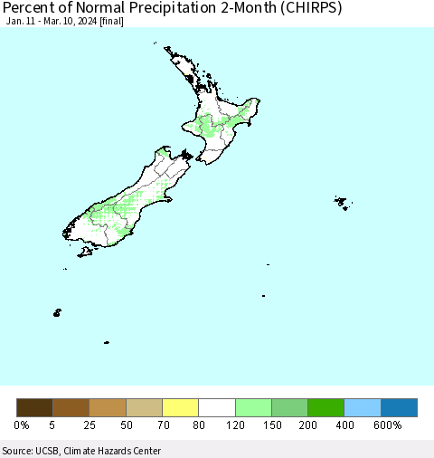 New Zealand Percent of Normal Precipitation 2-Month (CHIRPS) Thematic Map For 1/11/2024 - 3/10/2024