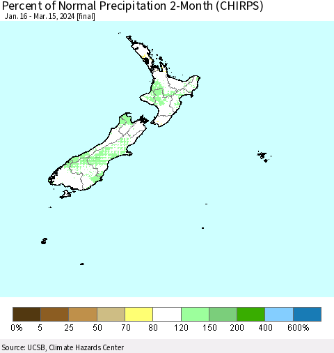 New Zealand Percent of Normal Precipitation 2-Month (CHIRPS) Thematic Map For 1/16/2024 - 3/15/2024