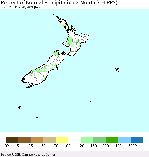 New Zealand Percent of Normal Precipitation 2-Month (CHIRPS) Thematic Map For 1/21/2024 - 3/20/2024