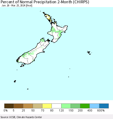 New Zealand Percent of Normal Precipitation 2-Month (CHIRPS) Thematic Map For 1/26/2024 - 3/25/2024