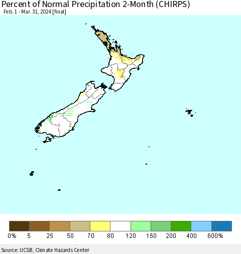 New Zealand Percent of Normal Precipitation 2-Month (CHIRPS) Thematic Map For 2/1/2024 - 3/31/2024