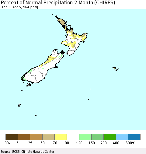 New Zealand Percent of Normal Precipitation 2-Month (CHIRPS) Thematic Map For 2/6/2024 - 4/5/2024