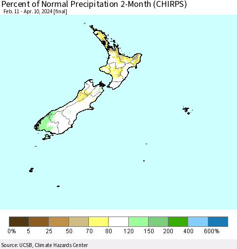 New Zealand Percent of Normal Precipitation 2-Month (CHIRPS) Thematic Map For 2/11/2024 - 4/10/2024