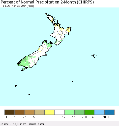 New Zealand Percent of Normal Precipitation 2-Month (CHIRPS) Thematic Map For 2/16/2024 - 4/15/2024