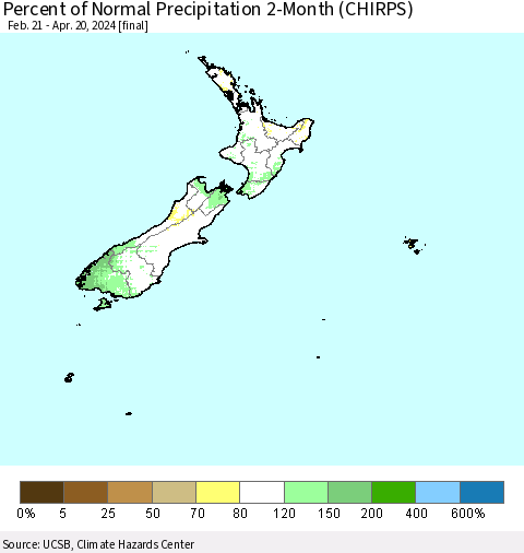 New Zealand Percent of Normal Precipitation 2-Month (CHIRPS) Thematic Map For 2/21/2024 - 4/20/2024