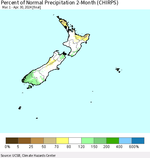 New Zealand Percent of Normal Precipitation 2-Month (CHIRPS) Thematic Map For 3/1/2024 - 4/30/2024