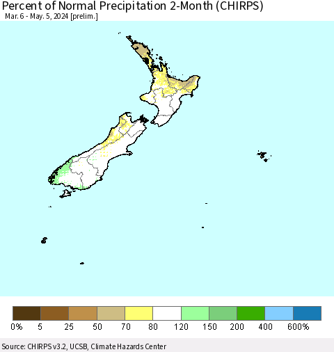 New Zealand Percent of Normal Precipitation 2-Month (CHIRPS) Thematic Map For 3/6/2024 - 5/5/2024